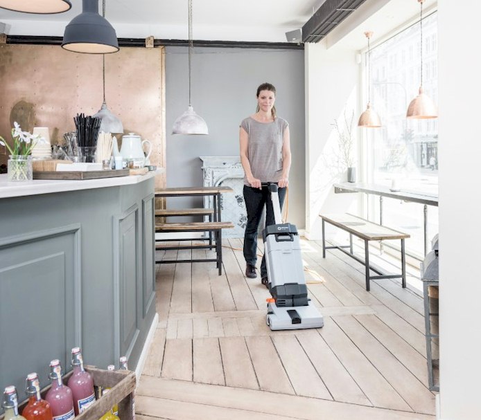 The Nilfisk SC100 is a small scrubber dryer for in-depth cleaning of narrow areas.